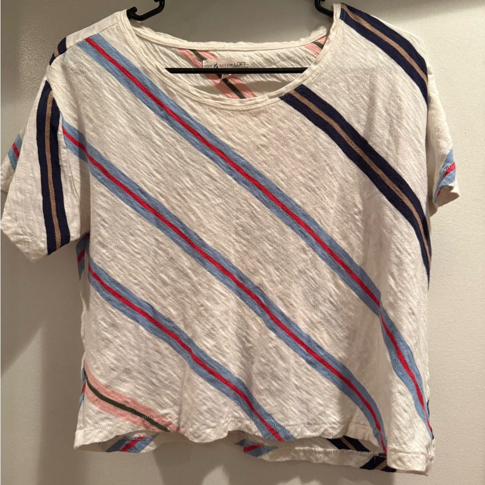 Lou & Grey, Lift Striped Short Sleeve Cropped Tee in White, Blue, and Pink